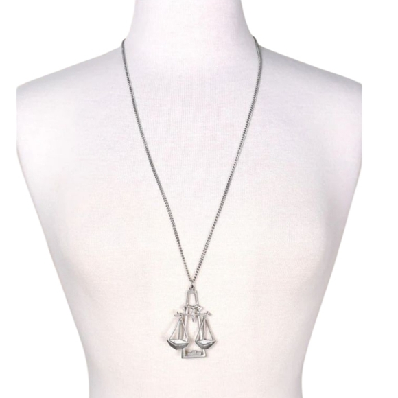 LIBRA Astrology Zodiac October Scale Vintage Necklace Long Pewter Pendent Silver - Picture 2 of 8